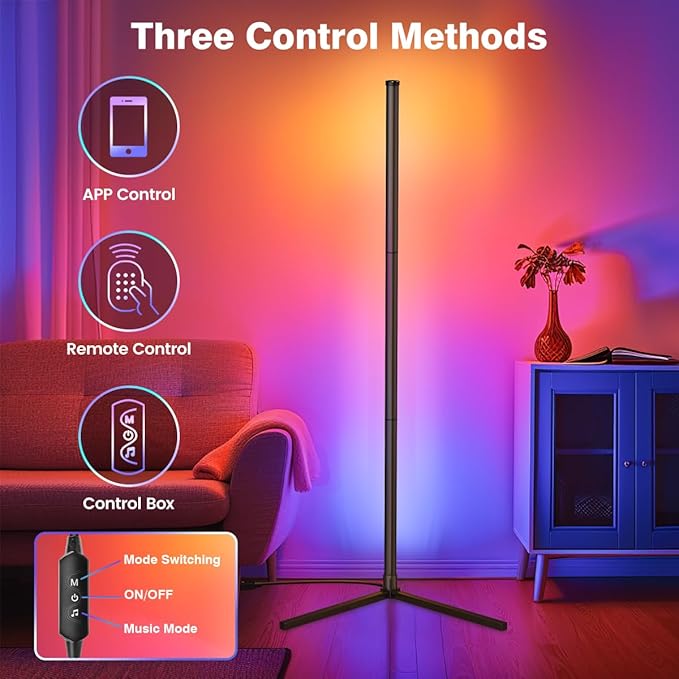 RIYO LED Corner Floor Lamp, RGB Color Changing Standing Lamp with App and Remote Control, 16 Million Colors & 68+ Scene Music Sync Ambient Lighting for Living Room, Bedroom, Gaming Room Decor