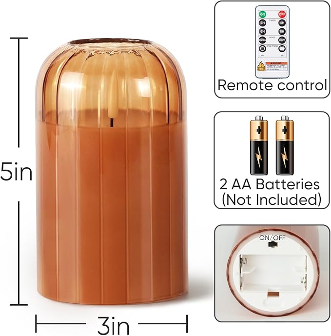 Homemory Glass Flameless Candles, Battery Operated Plliar Candles Realistic Flickering, LED Electric Light with Remote and Timer for Home, Christmas Decoration, Orange, Set of 2
