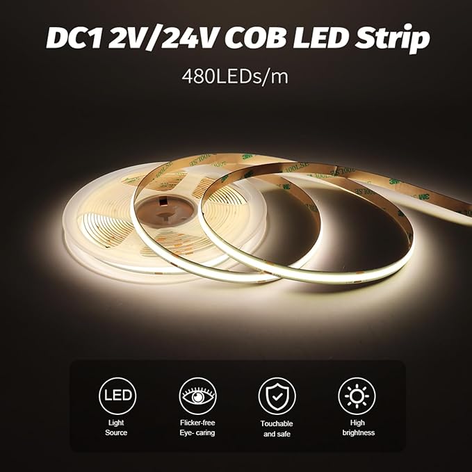 COB LED Strip Light, IP30 DC12V 6000K High Density Uniform Light 480LEDs/M Super Bright CRI>90 16.4ft Tape Dotless Cuttable Flexible for Cabinet Home Indoor DIY Lighting (No Power or Controller)