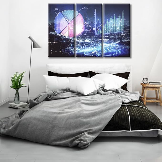 TUMOVO Business and Financial Concept Wall Decor for Living Room 3 Piece Financial Graph on Night City Scape with Tall Buildings Pictures Print on Canvas Ready to Hang (60" Wx40 H)