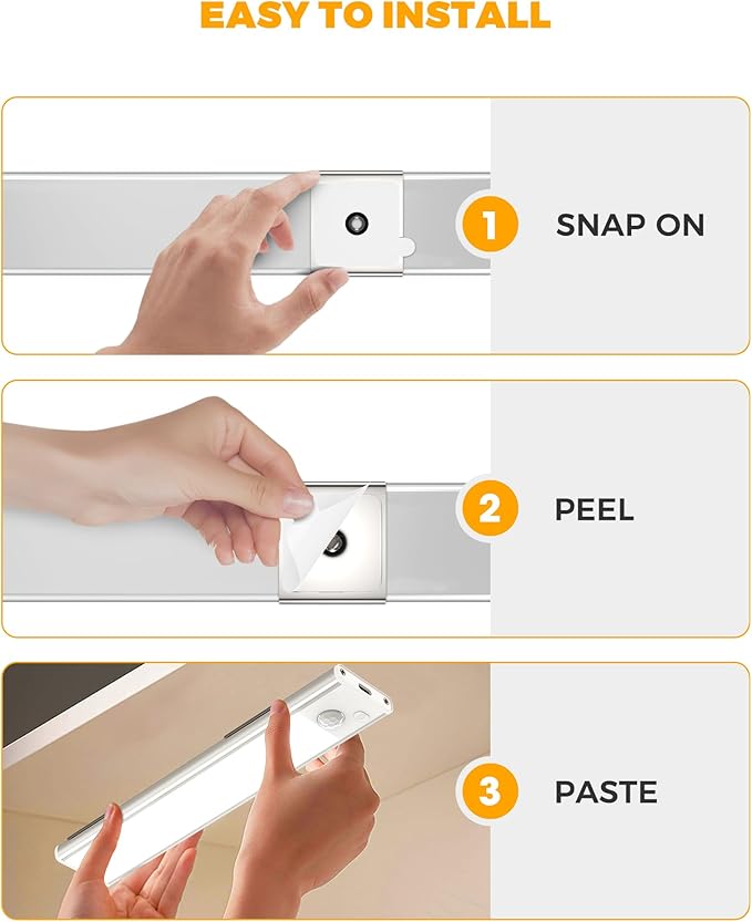 ASOKO Under Cabinet Lights Motion Sensor Light Indoor USB-C Rechargeable LED Closet Lights Battery Operated Under Cabinet Lighting Wireless Under Counter Lights for Kitchen(White,3Pack)