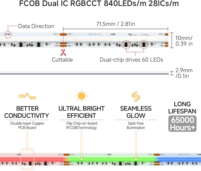BTF-LIGHTING WS2811 Dual IC RGBCCT FCOB COB LED Strip,UL Listed High Density Chasing IC RGB Light+Tunable White 3000K-6000K,16.4FT 840LEDs/m,10mm Width IP66 DC24V 3M Tape(No Adapter or Controller)