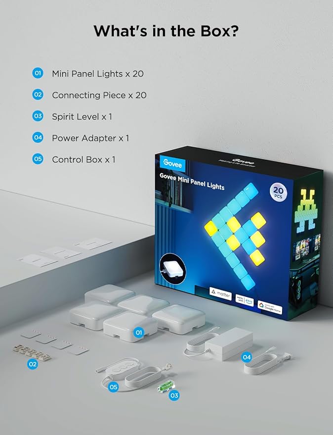 Govee Mini Panel Lights, RGBIC Wall Lights, Smart LED Wall Panels, Works with Matter, Alexa, Google Assistant, Sync with Music, DIY Gaming Light for Home Decor, Office, Bedroom, 20 Pcs