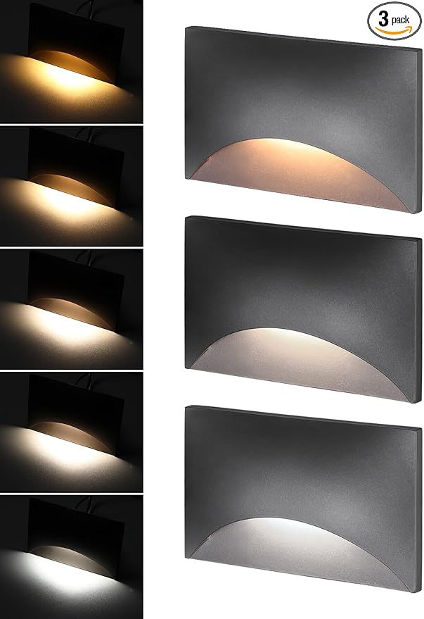 LEONLITE Black 5CCT 120V LED Step Lights, 150LM 5%-100% Dimmable Stair Lights Indoor Outdoor IP65 Waterproof, Aluminum Anti-Glare Shell, CRI90 ETL 2700K/3000K/3500K/4000K/5000K, Pack of 3