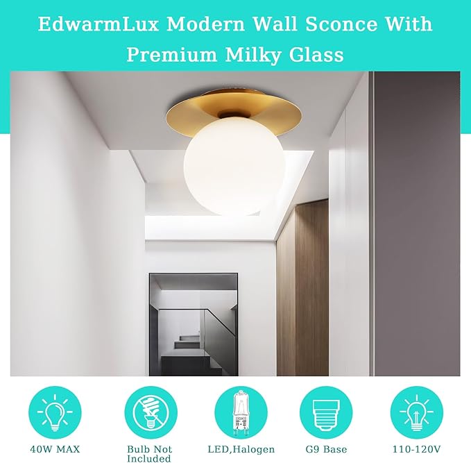 1 Light Wall Sconce, Mid Century Modern Globe Wall Sconce, Ceiling Light Fixture, Vanity Light Fixture, Indoor Wall Light for Living Room Bedroom Hallway Bathroom Entry (Brushed Gold)
