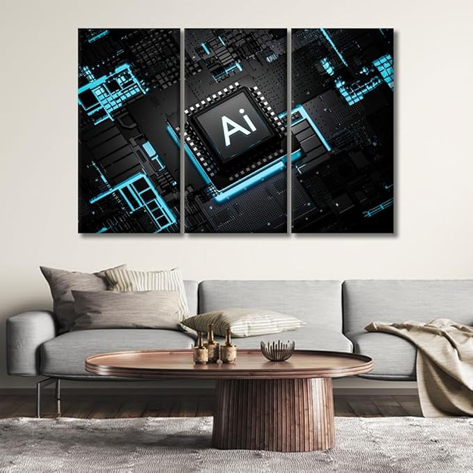 3 Panel Framed Wall Art Artificial Intelligence Processor Smart Microchip Pictures Print on Canvas for Home Wall Decoration, Gallery-Wrapped Ready to Hang, 20x40inchx3