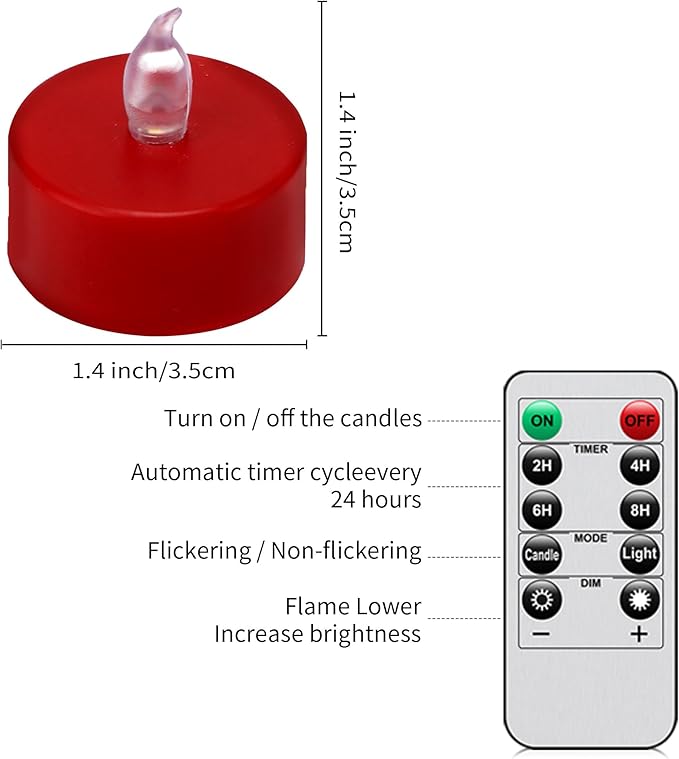 LED Tea Light Flameless Candles with Remote Control Flickering Tealight Long Lasting, Battery Operated with Timer for Halloween Home Decoration Seasonal &Festival Celebration Red (12pcs)