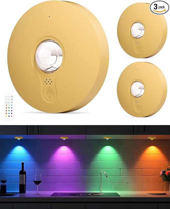 Rechargeable RGB Puck Lights with Remote Control, 1500mAh Battery Operated Push Lights, Dimmable & Timer Under Cabinet Lighting for Closet, Bedroom, Kitchen Gold 3Pcs
