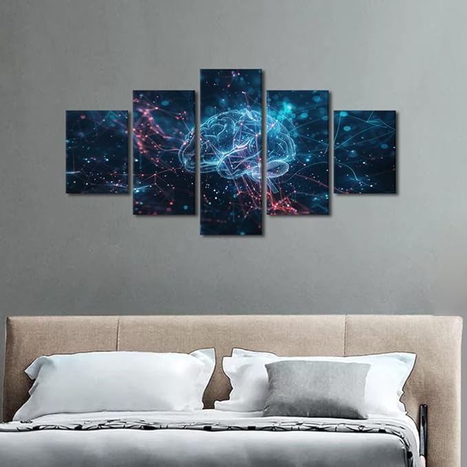 TUMOVO 5 Panel Abstract Pictures for Bedroom Digital Human Brain Decor for Boys Bedroom Futuristic Technology Wall Posters for Room Office AI Canvas Prints Wall Art Print Artwork Canvas 60" Wx32 H