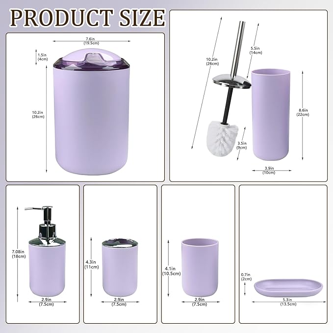 CERBIOR Bathroom Accessories Set 6 Piece Bath Ensemble Includes Soap Dispenser, Toothbrush Holder, Toothbrush Cup, Soap Dish for Decorative Countertop and Housewarming Gift (Purple)