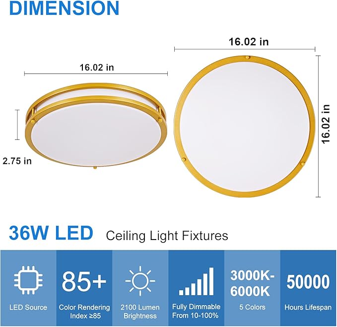 DLLT Flush Mount LED Ceiling Light: 16 Inch 5CCT (3000K-6000K) & Dimmable Ceiling Light Fixtures for Bedroom Hallway - 36W Modern Gold Super Bright Kitchen Lighting Fixtures Ceiling