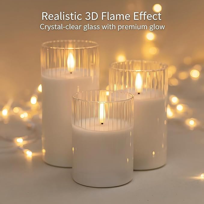 ANGELLOONG White Flameless Candles with Timer, Glass Flickering LED Candle with Remote, Set of 3 Battery Operated Pillar Candles for Bathroom Bathtub Home Decor Wedding Birthday Decoration