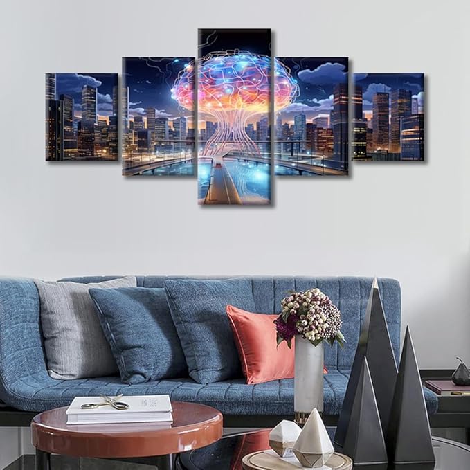 Human Brain Energy Canvas Wall Art City Smart Brain Posters & Prints Artwork Brain Contemporary Home Decor Stretched Canvas Picture for Living Room Bedroom Home Office Decor (50" Wx24 H)