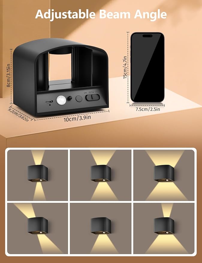 Rechargeable Motion Sensor Wall Light, Black 6000mAh LED Wireless Sconces with Remote Control, 10-100% Dimmable 2700K-6500K, Adjustable Beam Angle, Battery Operated, 3 Modes for Indoor Bedroom, 2-Pack