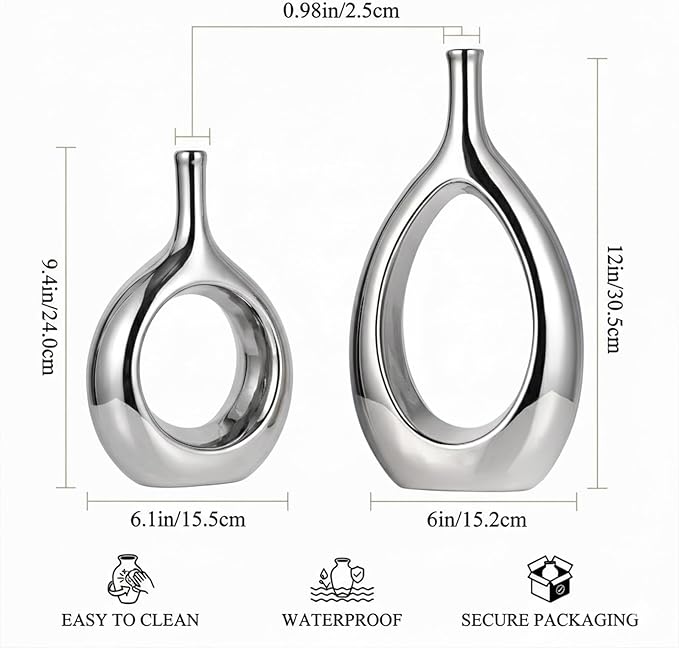 Glossy Silver Vase Ceramic Silver Vases Home Decor,Modern Minimalist Circle with Hole Decorative Vase, Hollow Ellipse Flower vases for Bookshelf, Fireplace Mantle, Centerpieces,Farmhouse,Rustic Décor