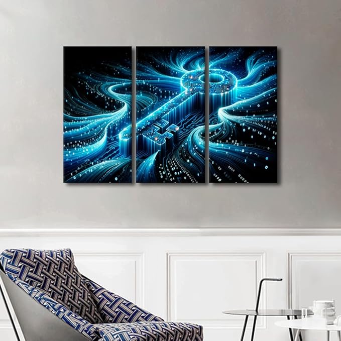 TUMOVO 3 Panel Wall Art Abstract Cyber Security Concept with Key and Binary Code Pictures Print on Canvas for Home Office Hotel Wall Decoration, Wooden Framed Ready to Hang, 42" Wx28 H