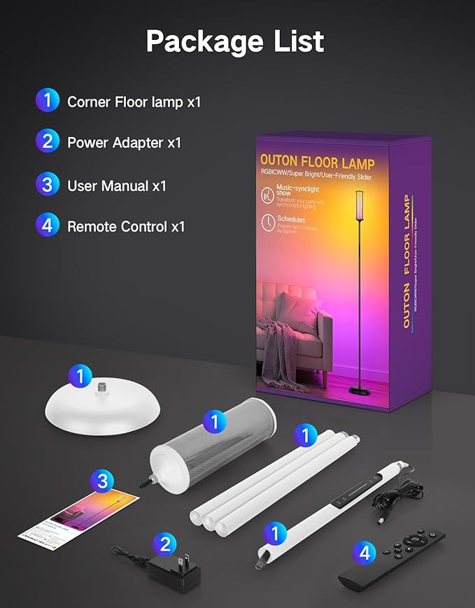OUTON Corner Floor Lamp with Remote, Touch & App Control, RGB Color Changing Standing Lamp with 32 Modes, 360 Lighting, 3 Color Temperatures, Dimmable 66 in Tall Lamp for Living Room,White Glass