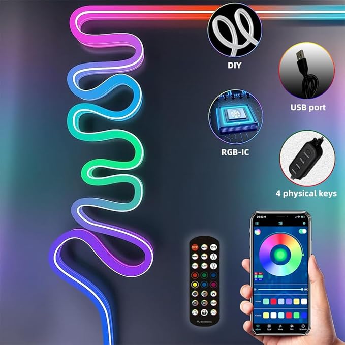 9.8FT USB LED Neon Rope Light,Smart RGB IC Led Strip Lights for Bedroom,Music Sync LED Neon Light Strip,APP and 24Keys Wireless Remote,DIY Ideas,Gaming Room,Home Decorations,Christmas Gift
