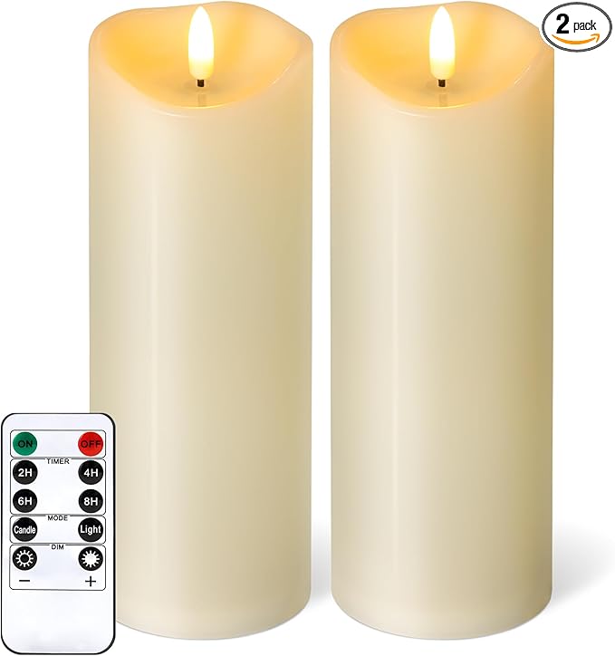 NURADA Outdoor Flameless Candles with Remote Timer - Waterproof Tall Realistic Flickering LED Pillar Electric Battery Operated Fake Candle for Home Wedding Fireplace Decor - Ivory 2 Pack (8" 8")