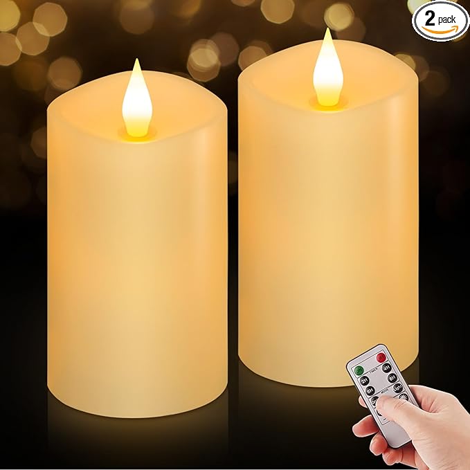 3 x 5 Flameless Candles Set of 2, 2AA Battery Life 600 Hours Battery Candles Flickering with Timer, 5 inch Flameless Candles with Remote for Indoor/Outdoor, Ivory