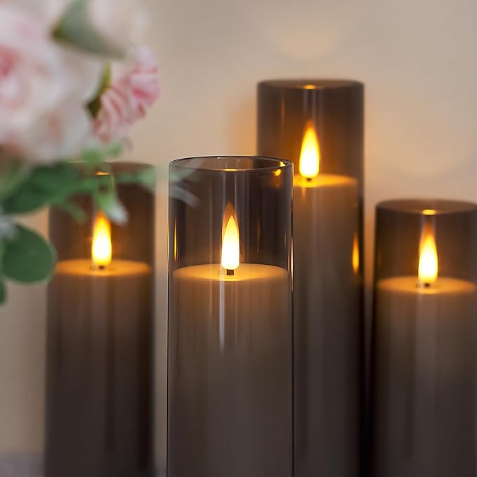 Acrylic Flameless Flickering Candles with Remote Control and Timer, Battery Operated LED Fake 2.2" x 5",6",7",8",8" Plastic Pillar Candles for Home Decor(Long-Lasting, Grey)