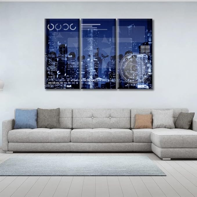 3 Pieces Technology Connection Online Networking Medias Concept Pictures Wall Decor for Bedroom Smart City Artwork Print on Canvas Giclee Wooden Framed Gallery-Wrapped Ready to Hang (60"Wx40"H)