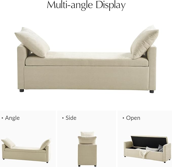 59.5" Modern Storage Ottoman Bedroom Bench, End of Bed Bench with Arms and Throw Pillows, Footrest Stool for Living, Dining Room, Entryway and Hallway, Beige