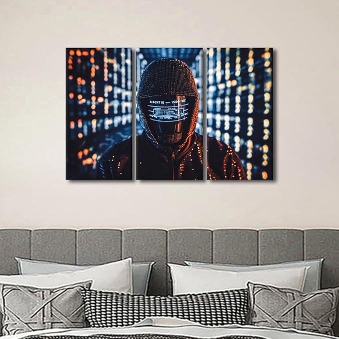 TUMOVO Modern Wall Art Multi Panel Hacker in Mask on Dark Background with Digital Effects Posters Artwork for Living Room Bedroom Wall Decoration, Stretched Framed Ready to Hang, 36" Wx24 H