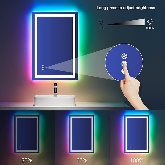 LOAAO 28"X32" LED Bathroom Mirror with Lights, Anti-Fog, Dimmable, RGB Backlit + Front Lighted, Bathroom Vanity Mirror for Wall, Memory Function
