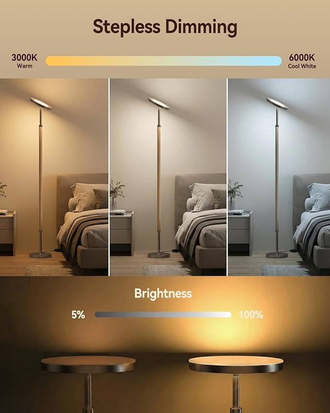 JOOFO Wood Torchiere Floor Lamp, Super Bright Stepless Dimmable LED Uplight Standing Lamp with Remote Adjustable Color Temperature 3000K–6500K with Timer for Living Room Bedroom Office Reading