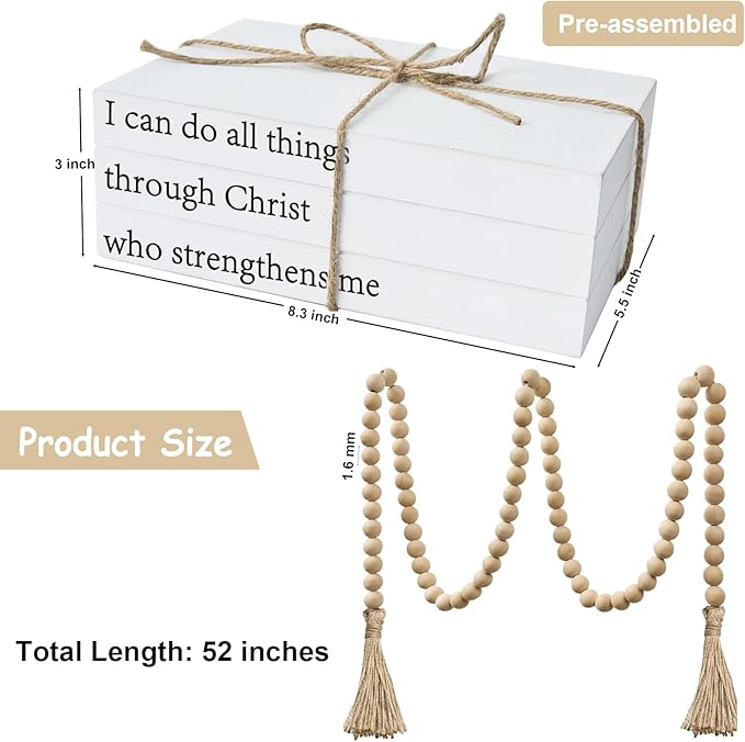 Decorative Books for Home Decor, White Faux Books for Decoration, Rustic Farmhouse Stacked Books with 52in Wood Bead Garland for Coffee Table Mantle Fireplace (I can do All Things Through Christ)