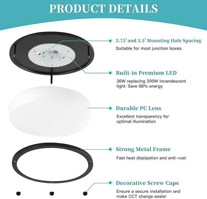 12Inch 3800LM Flush Mount LED Ceiling Light Fixtures, 36W, Black, Dimmable, Color Temperature Changeable, Suitable for Kitchen, Bathroom, Bedroom, Living Room, Dining Room
