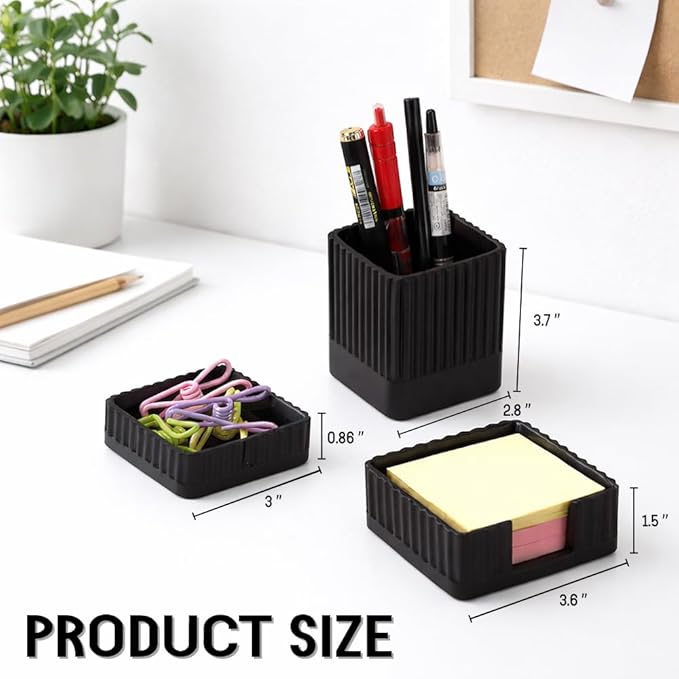 Desk Organizer Set of 3 for Office Accessories - Includes Pen Holder, Paperclip Storage, and Sticky Note Holder - Aesthetic Concrete Desktop Accessories for Women or Men, Office Decor (Black)