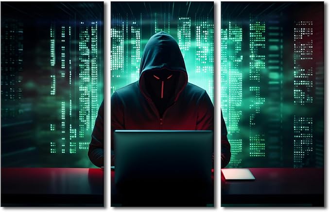 TUMOVO AI Big Data Wall Art Prints on Canvas Hacker Malware Wall Pictures Modern Decor for Home Walls 3 Pieces Canvas Wall Art Hacker Paintings Wall Decor Giclee Artwork Ready to Hang, 60" Wx40 H