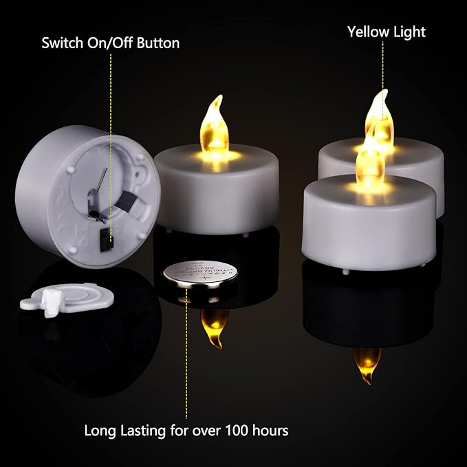 Battery Operated Tea Lights Candles: 24 Pack Realistic and Bright Flickering Holiday Gift Flameless Candles LED Electric Tea Candles for Seasonal & Wedding Party Home Decoration (Warm Yellow)