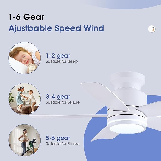 Ceiling Fans with Lights and Remote Control, 41 inch Low Profile Flush Mount Ceiling Fan, 3 CCT LED Dimmable Lights 5 Reversible Plastic Blades 6 Speeds for Bedroom Living Room, White