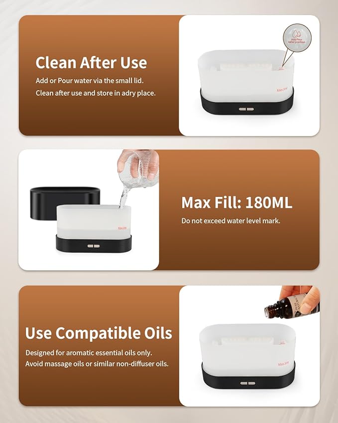 Flame Effect Essential Oil Diffuser, Ultrasonic Aromatherapy Humidifier, Upgraded 7 Color Changing Lights with Ultra Quiet, Auto Shut-Off for Bedroom Home Office and Yoga (180mL, Black)