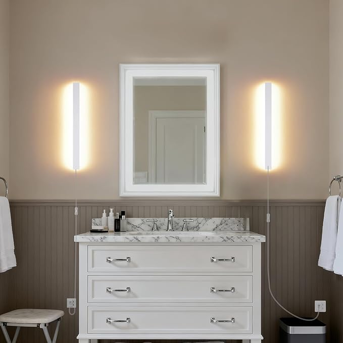 Modern Plug in Wall Sconces, 23.6 inch Frosted White LED Long Wall Lights, 12W Warm White 3000K Acrylic Indoor Wall lamp,with 59" Plug Cable for Bedroom, Living Room, Bathroom Makeup, Hallway