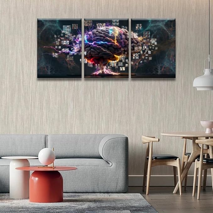 Modern Wall Art 3 Panel Wall Art Human Brain Full with Creativity Pictures Print On Canvas Wall Decor for Living Room, Wooden Framed Gallery-Wrapped Ready to Hang 12x16inchx3