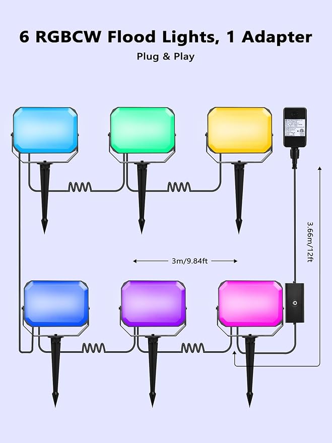 BrizLabs Smart Flood Lights Outdoor, 6 Pack RGBCW Wired Landscape Lights, APP & Voice Control Color Changing LED Floodlights, IP65 Waterproof Pathway Lighting for Independence Day Garden Yard House