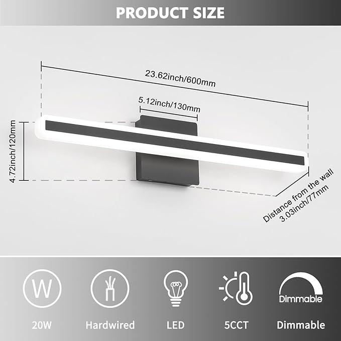 JUSHENG Black Vanity Lights for Bathroom, 24 Inch 20W 5CCT Dimmable Bathroom Light Fixtures Over Mirror, Modern LED Vanity Light Bar Above Mirror