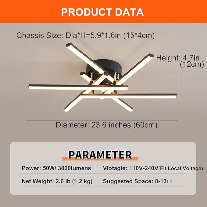 Modern LED Ceiling Lights - Dimmable with Remote, 24in Black Flush Mount Fixture for Living Room, Bedroom, Kitchen, Dining Room