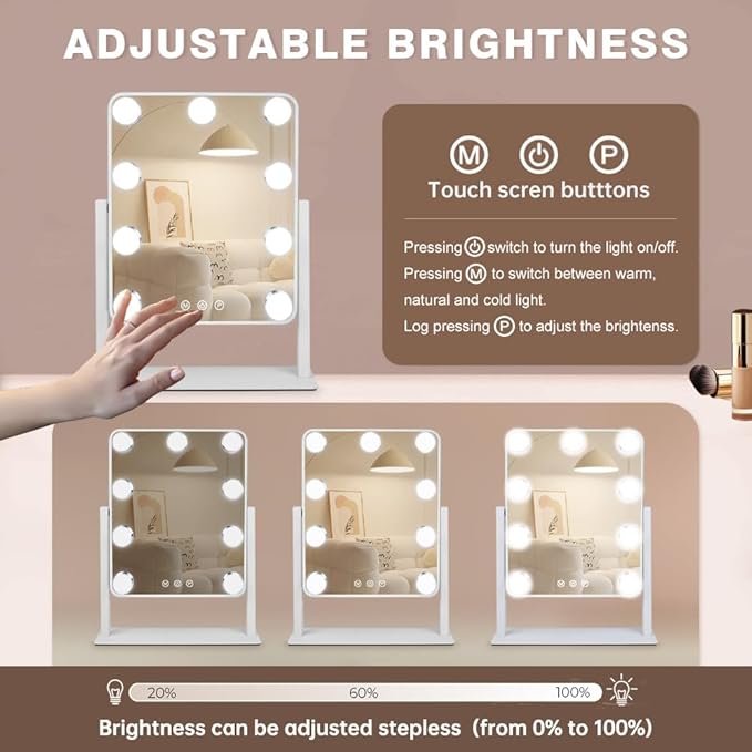 Hollywood Vanity Mirror with Lights,Tabletop Makeup Mirror with 9 LED Lights Smart Touch Control 3 Colors Light 360°Rotation Detachable 10X Magnification