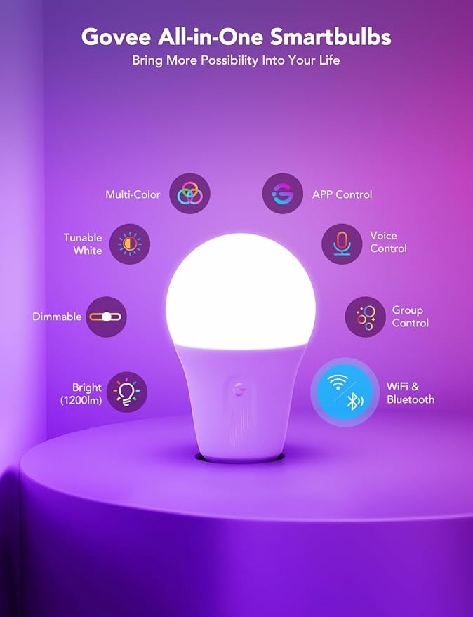 Govee Smart Light Bulbs 1200 Lumens, Color Changing Light Bulbs RGBWW Dimmable, Works with Alexa & Google Assistant, Color Bulb, 12W 85W Equivalent A19 LED Bulbs for Bedroom Living Room, 2 Pack