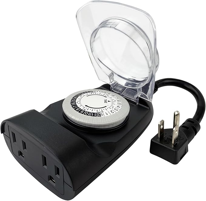 EP 24 Hour Mechanical Outdoor Timer Outlet, 6ft Outdoor Timer for Lights, Waterproof, 2 Grounded Outlets, 15A 1/2HP, Heavy Duty, ETL Listed