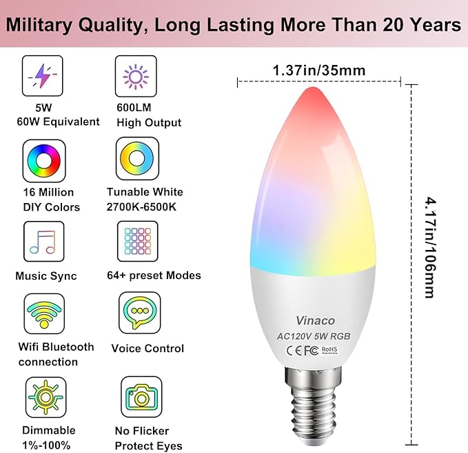 Vinaco E12 Smart LED Bulb 5W 600LM, 4 Pack E12 LED Light Bulbs Color Changing WiFi Bluetooth Work with Alexa & Google Assistant, Smart E 12 Candelabra Bulb 60 Watt E 12 Base, RGB Light Bulbs B11