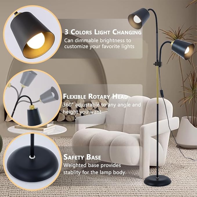 AoMck Floor Reading Lamp, Industrial Metal Floor Lamps for Living Room with Adjustable Bendable, 2 in 1 Reading Table Lamps for Living Room Bedroom Office, 12W Bulbs Included (White-2 Heads)