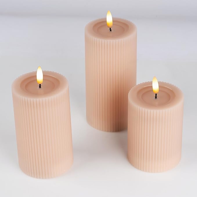 WYZworks Fluted Ribbed LED Pillar Candles, Blush Beige, with Realistic Reflective Melted-Wax Effect – Flickering Flame, Remote, Dimmable, Flameless, Battery Operated, Home & Wedding Decor (Set of 3)