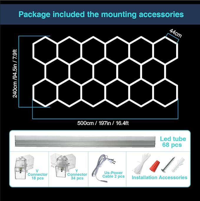 Hexagon Garage Lights: 68 Pack 17 Honeycomb Hexagon LED Light 6500K 60500LM 550W 5X2.4m Garage Lights Ceiling LED Wall Lighting for Gym Basement Warehouse Car Detailing Salon Workshop