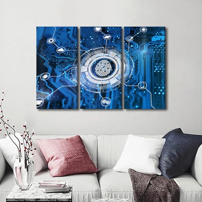 Wall Art for Living Room 3 Panel Fingerprint Login Authorization and Cyber Security Concept Pictures Posters for Home Wall Decoration, Stretched Framed Gallery-Wrapped, 42" Wx28 H